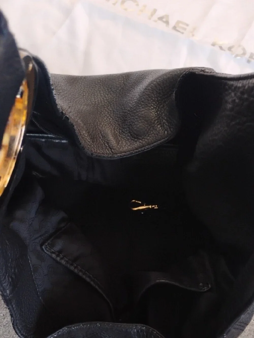 Michael Kors Black Leather Shoulder Hobo with Gold MK Charm